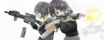  2girls ar-15 assault_rifle commentary_request firing gloves gun headset highres m4_carbine mk_18_carbine multiple_girls original partial_commentary purple_eyes red_eyes reloading rifle twintails weapon white_background ylmi 