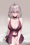  1girl ahoge babydoll bare_arms bare_shoulders black_panties breasts choker cleavage closed_mouth collarbone commentary_request eto_(nistavilo2) fate/grand_order fate_(series) grey_background grey_hair hair_between_eyes highres jeanne_d&#039;arc_(alter)_(fate) jeanne_d&#039;arc_(fate)_(all) large_breasts lingerie looking_at_viewer navel panties short_hair sitting solo stomach thighs underwear underwear_only yellow_eyes 