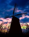  backlighting building cloud cloudy_sky commentary_request gradient_sky highres hoshiumisora no_humans original outdoors plant rural scenery silhouette sky still_life sunlight twilight windmill 