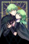  1boy 1girl 96ks_3h armor black_gloves byleth_(fire_emblem) byleth_(fire_emblem)_(female) byleth_(fire_emblem)_(male) fire_emblem fire_emblem:_three_houses from_side gloves green_eyes green_hair highres looking_to_the_side parted_lips short_hair twitter_username 