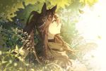  1girl animal_ears arknights bangs braid brown_hair day eyebrows_visible_through_hair fingerless_gloves food food_on_face from_side gloves green_eyes hair_between_eyes highres horse_ears horse_girl lingmuqianyi long_hair looking_up meteor_(arknights) outdoors plant ponytail profile sitting solo sunlight 