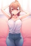  1girl armpits arms_up bare_arms bare_shoulders breasts camisole collarbone commentary_request couch denim highres kinjo_no_nanako-san komeshiro_kasu large_breasts long_hair looking_at_viewer nanako-san on_couch orange_hair pants ponytail red_eyes shirt shirt_tucked_in sitting sleeveless sleeveless_shirt smile solo spaghetti_strap white_shirt window 