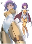  1girl ? arms_behind_back blush bodysuit breasts brown_eyes cape commentary_request contrapposto covered_navel covered_nipples cowboy_shot hairband highres impossible_bodysuit impossible_clothes lambda_(langrisser) langrisser langrisser_v looking_at_viewer medium_breasts medium_hair multiple_views purple_hair shoes siino simple_background standing thigh_gap white_background yellow_bodysuit 