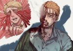  blonde_hair blood blood_on_face bloody_clothes blue_eyes crying death dying facial_hair facial_mark facial_scar hair_pulled_back hair_slicked_back injury jacket nelldya porco_galliard reiner_braun scar shingeki_no_kyojin short_hair signature smile smoke spoilers 