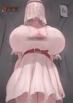  1girl absurdres arms_at_sides belt breasts cleavage collarbone commentary_request covered_eyes dress heads-up_display highres huge_breasts light_smile looking_at_viewer original oruka_(kamituki0827) pov solo stitches thighs translation_request veil white_dress 