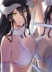  1girl against_glass against_window albedo arm_up armpits bare_shoulders bikini black_hair breast_press breasts cleavage collarbone detached_collar frilled_bikini frills gem green_eyes hair_between_eyes hews_hack highres horns large_breasts long_hair looking_at_viewer overlord_(maruyama) parted_lips reflection sapphire_(gemstone) smile solo swimsuit upper_body very_long_hair white_bikini window 