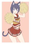  1girl :d absurdres animal_ear_fluff animal_ears animare blush border cat_ears cat_tail cheerleader contrapposto cowboy_shot donguri_suzume eyebrows_visible_through_hair highres kuroneko_nanashi looking_at_viewer navel open_mouth pink_background pleated_skirt pom_poms purple_eyes purple_hair red_skin red_vest simple_background skirt smile solo tail vest white_border 