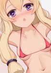  1girl :o absurdres armpits azur_lane bangs bare_shoulders bikini blonde_hair blush breasts collarbone commentary_request covered_nipples ero_mang-a eyebrows_visible_through_hair grey_background hair_between_eyes hair_ribbon heart heart-shaped_pupils highres long_hair looking_at_viewer micro_bikini midriff navel nose_blush open_mouth outstretched_arms purple_eyes red_bikini_top ribbon saliva sidelocks small_breasts solo swimsuit symbol-shaped_pupils tress_ribbon upper_body warspite_(azur_lane) 