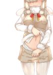  1girl alpaca_suri_(kemono_friends) bangs beige_shorts beige_vest blonde_hair breast_pocket closed_mouth facing_viewer flashing fur-trimmed_sleeves fur_scarf fur_trim hair_bun hair_over_one_eye head_out_of_frame highres kemono_friends legwear_under_shorts lifted_by_self long_sleeves medium_hair navel pantyhose pocket pulled_by_self scarf shirt shorts shorts_pull sidelocks simple_background smile solo stomach sweater_vest thin_(suzuneya) white_background white_legwear white_shirt 