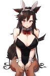  1girl 3: alternate_costume animal_ears bangs bare_arms bare_shoulders black_leotard blush bow bowtie breasts brown_hair bunny_ears bunnysuit cleavage commentary detached_collar fake_animal_ears feet_out_of_frame hair_between_eyes hairband highres imaizumi_kagerou kasuka_(kusuki) large_breasts leotard long_hair nose_blush pantyhose red_bow red_eyes red_neckwear shadow simple_background sitting solo strapless strapless_leotard sweat tail touhou very_long_hair white_background white_hairband wolf_tail wrist_cuffs 