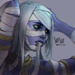  1girl adjusting_clothes alternate_costume ana_(overwatch) arms_up artist_name black_sclera chromatic_aberration eye_of_horus eyelashes facial_tattoo gorget green_eyes highres lips mouth_hold mummy_costume nose overwatch pharaoh_ana scar solo suisui_again tattoo twitter_username undead 