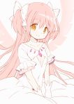  1girl blush breasts choker closed_mouth collarbone dot_nose dress eyebrows_visible_through_hair eyes_visible_through_hair floating_hair frilled_sleeves frills gloves hair_between_eyes hair_ribbon hands_on_lap happy kaname_madoka long_dress long_hair looking_at_viewer mahou_shoujo_madoka_magica navel pink_hair ribbon shiny shiny_hair sidelocks simple_background sitting small_breasts smile solo straight_hair tsubaki_(tatajd) two_side_up ultimate_madoka underboob v_arms very_long_hair white_background white_choker white_dress white_gloves white_neckwear white_ribbon wide_sleeves wings yellow_eyes 