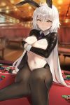  1girl alternate_costume animal_ears bangs black_gloves black_legwear blush breasts bunny_ears bunny_girl casino chair cleavage clenched_teeth collared_shirt covering covering_breasts eyebrows_visible_through_hair fate/grand_order fate_(series) gloves hair_between_eyes highres indoors jeanne_d&#039;arc_(alter)_(fate) jeanne_d&#039;arc_(fate)_(all) large_breasts long_hair navel pantyhose poker_chip poker_table purple_neckwear reverse_bunnysuit reverse_outfit seon_(seonon_) shirt silver_hair sitting table teeth topless very_long_hair wrist_cuffs yellow_eyes 