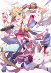  1girl :d ahoge animal animal_ears apron ass bare_shoulders bell blonde_hair blue_eyes blurry breasts bunny bunny_ears commentary_request depth_of_field dress earmuffs fuku_kitsune_(fuku_fox) headdress highres jingle_bell long_hair looking_at_viewer medium_breasts open_mouth panties parfait pink_dress ponytail shironeko_project smile solo thighhighs tray tsukimi_(shironeko_project) underwear very_long_hair waist_apron white_legwear 