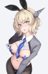  1girl alternate_costume animal_ears artist_name bangs black_legwear blonde_hair blue_eyes blue_neckwear breasts bunny_ears bunny_girl colorado_(kantai_collection) cowboy_shot dated eyebrows_visible_through_hair fake_animal_ears grey_background groin headgear kantai_collection large_breasts looking_at_viewer navel necktie open_mouth pantyhose pasties reverse_bunnysuit reverse_outfit rokuwata_tomoe short_hair side_braids signature simple_background solo star_pasties twitter_username wrist_cuffs 