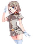  1girl bangs belt belt_buckle blue_eyes breasts buckle commentary company_connection earth_federation elelele_(bpoisoner) eyebrows_visible_through_hair gloves gundam highres light_brown_hair looking_at_viewer love_live! love_live!_sunshine!! medium_breasts military military_uniform mobile_suit_gundam salute shiny shiny_hair short_shorts short_sleeves shorts sidelocks solo sunrise_(company) uniform watanabe_you white_gloves white_legwear 