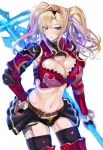  1girl absurdres armor bangs belt black_legwear blonde_hair blush boobplate breastplate breasts cleavage commentary_request eyebrows_visible_through_hair gloves granblue_fantasy greaves hand_on_hip highres holding holding_weapon large_breasts long_hair looking_at_viewer midriff navel rihito_akane skirt smile solo thighhighs twintails weapon white_background zeta_(granblue_fantasy) 