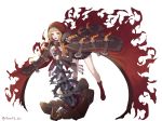  1girl artist_name axe bangs bare_legs belt belt_buckle blonde_hair blunt_bangs blush boots brown_belt brown_dress buckle cape dress fire full_body highres holding holding_axe holding_weapon hood hood_up hooded_cape keyhole little_red_riding_hood_(sinoalice) lock long_hair long_sleeves looking_at_viewer mongguri open_mouth padlock red_cape red_footwear red_hood rock short_dress simple_background sinoalice solo standing upper_teeth weapon white_background yellow_eyes 