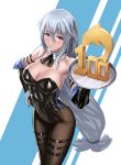  1girl alternate_costume arknights arm_strap ascot bangs bare_shoulders black_gloves black_legwear black_leotard black_neckwear blush breasts cleavage commentary_request cowboy_shot detached_collar elbow_gloves eyebrows_visible_through_hair gloves hair_between_eyes hand_on_hip highres large_breasts leotard long_hair looking_at_viewer low-tied_long_hair no_hat no_headwear pantyhose parted_lips partial_commentary pink_eyes playboy_bunny_leotard saikoro_(et1312) sidelocks silver_hair skadi_(arknights) solo standing strapless strapless_leotard thigh_strap thighs very_long_hair white_background 