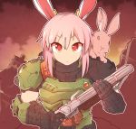  1girl absurdres animal_ears armor bunny bunny_ears commentary cosplay doom_(game) doom_eternal doomguy doomguy_(cosplay) double-barreled_shotgun double_barrels english_commentary expressionless eyebrows_visible_through_hair gun highres looking_at_viewer majormilk pink_hair red_eyes reisen_udongein_inaba shotgun touhou upper_body weapon 