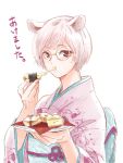  1girl :t animal_ears blue_sash blush eating floral_print food food_request glasses highres holding holding_food holding_plate japanese_clothes kimono long_sleeves looking_at_viewer nikaidou_kou obi original pink_hair pink_kimono plate red_eyes round_eyewear sash short_hair simple_background solo translation_request white_background wide_sleeves 