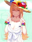  1girl bangs bare_shoulders blue_flower blush breasts cleavage collarbone commentary_request double_v dress ear_piercing earrings eyebrows_visible_through_hair flower hat hat_flower highres jewelry large_breasts long_hair looking_at_viewer mikan_(chipstar182) original piercing red_ribbon ribbon sleeveless sleeveless_dress smile solo sun_hat sunflower upper_body v white_dress 