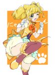  1girl ;d bangs blonde_hair blunt_bangs brown_legwear cure_sparkle eyebrows_visible_through_hair gloves green_eyes hands_up healin&#039;_good_precure hiramitsu_hinata looking_at_viewer magical_girl one_eye_closed open_mouth orange_background precure short_hair smile solo standing standing_on_one_leg thighhighs twintails umanosuke white_gloves 