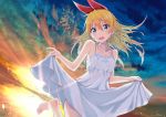  1girl bangs bare_arms bare_shoulders blonde_hair blue_eyes cac_itinose collarbone commentary_request dress dutch_angle eyebrows_visible_through_hair frilled_dress frills hair_between_eyes hair_ribbon highres horizon kirisaki_chitoge long_hair looking_at_viewer nisekoi open_mouth outdoors red_ribbon ribbon salar_de_uyuni signature skirt_hold sleeveless sleeveless_dress solo standing standing_on_one_leg sunset touyama_nao upper_teeth water_drop white_dress 