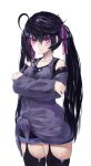  1girl absurdres bangs bare_shoulders black_hair black_legwear breasts collarbone commentary_request hair_ribbon highres long_sleeves looking_at_viewer original pink_eyes pink_ribbon ribbon short_shorts shorts small_breasts thighhighs torieto twintails 