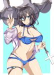  1girl ark_royal_(azur_lane) ark_royal_(coastwatcher)_(azur_lane) ass_visible_through_thighs azur_lane bangs bare_shoulders beach_umbrella bikini bikini_under_clothes black_hair blue_background blue_bikini blue_choker blue_eyes border breasts choker cleavage collarbone commentary cowboy_shot earrings eyebrows_visible_through_hair groin hair_between_eyes hand_up heart heart_earrings highres holding holding_umbrella jacket jewelry large_breasts looking_at_viewer midriff multi-strapped_bikini navel o-ring o-ring_bikini o-ring_top off-shoulder_jacket olly_(ollycrescent) open_clothes open_jacket purple_jacket short_hair sidelocks smile solo swimsuit thigh_strap umbrella v white_border 