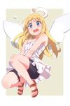  1other angel angel_wings bare_shoulders between_legs bike_shorts black_shorts blonde_hair blue_eyes blush broken_halo commentary_request covering covering_crotch crimvael dress embarrassed eyebrows_visible_through_hair halo hand_between_legs highres ishuzoku_reviewers karahai_(31448823) long_hair looking_at_viewer open_mouth other_focus round_teeth sandals shorts shorts_under_dress strapless strapless_dress teeth upper_teeth white_dress white_wings wings 