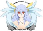  1girl blue_hair chain chest choker closed_mouth dizzy_(guilty_gear) dokkanohukukaityou feathers gears guilty_gear guilty_gear_x guilty_gear_xx hair_between_eyes hair_ribbon long_hair looking_at_viewer portrait red_eyes ribbon solo 