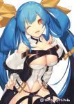  akisa_(12023648) belt black_panties blue_hair breasts choker dizzy_(guilty_gear) fingernails guilty_gear guilty_gear_xrd hair_ribbon highres large_breasts long_hair looking_at_viewer midriff navel one_eye_closed panties parted_lips red_eyes ribbon sharp_fingernails smile tail tail_ribbon thick_thighs thighhighs thighs twintails twitter_username underwear 