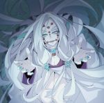  1girl absurdres aqua_nails asl_135 bead_necklace beads breasts facial_tattoo highres japanese_clothes jewelry kimetsu_no_yaiba kimono long_hair long_sleeves mother_spider_demon_(kimetsu_no_yaiba) necklace rock sitting solo tattoo tearing_up tears thick_eyebrows very_long_hair white_eyes white_hair 