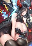  1girl ahegao azur_lane bare_shoulders black_dress black_hair black_legwear blush breasts cleavage covered_nipples dress friedrich_der_grosse_(azur_lane) hair_over_one_eye highres horns large_breasts long_hair looking_at_viewer machinery red_horns sitting smile solo sweatdrop thighhighs thighs tnolize turret very_long_hair yellow_eyes 