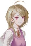  1girl absurdres ahoge akamatsu_kaede backpack bag bangs beamed_sixteenth_notes blonde_hair breasts commentary danganronpa eighth_note hair_ornament highres long_hair looking_at_viewer migumi musical_note musical_note_hair_ornament necktie new_danganronpa_v3 purple_eyes school_uniform shirt simple_background smile solo sweater_vest white_background 