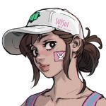  1girl alternate_hairstyle bandaid_on_cheek baseball_cap black_eyes brown_hair collarbone commentary d.va_(overwatch) english_commentary face folded_ponytail friendly_mutton_chops hat lips looking_at_viewer nose overwatch shooting_star_d.va short_hair sleeveless solo suisui_again tank_top twitter_username 