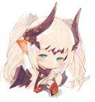  1girl blonde_hair blush closed_mouth ear_blush final_fantasy final_fantasy_xiv fingerless_gloves gloves hair_ornament hand_up horns lalafell long_hair looking_at_viewer pointy_ears red_gloves rosette_(yankaixuan) shoulder_armor simple_background smile solo spaulders twintails upper_body white_background 