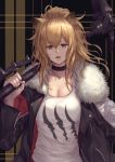  1girl absurdres animal_ears arknights bangs black_choker black_jacket black_nails breasts brown_eyes brown_hair candy choker cleavage commentary_request eyebrows_visible_through_hair food food_in_mouth fur-trimmed_jacket fur_trim hair_between_eyes hammer hand_up highres holding holding_hammer holding_weapon jacket lion_ears lollipop long_hair looking_at_viewer nail_polish open_clothes open_jacket open_mouth over_shoulder partial_commentary siege_(arknights) solo tank_top upper_body weapon weapon_over_shoulder white_tank_top yasu_(segawahiroyasu) 