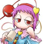  1girl avatar_icon blouse blush chamaji clenched_hand close-up coffee_mug commentary cup eyebrows_visible_through_hair frills hand_on_own_cheek headband heart holding holding_cup jitome komeiji_satori long_sleeves looking_at_viewer lowres mug pink_hair raised_eyebrows red_eyes short_hair signature simple_background solo string third_eye touhou upper_body white_background wide_sleeves 