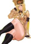  1girl ashiomi_masato bare_thighs black_footwear blonde_hair blue_eyes boots commentary_request crossed_legs eyes_visible_through_hair fingerless_gloves fur_hat gloves guilty_gear guilty_gear_strive hat invisible_chair jacket long_hair long_sleeves millia_rage no_legwear panties sitting solo thick_thighs thighs underwear ushanka yellow_headwear 