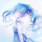  1girl blue_eyes blue_hair breasts commentary dress expressionless floating_hair from_side hair_between_eyes hatsune_miku koneko_mari long_hair looking_at_viewer making-of_available medium_breasts solo twintails upper_body vocaloid white_dress 