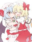  2girls bangs bat_wings blonde_hair blue_hair blush brooch closed_eyes closed_mouth crystal eyebrows_visible_through_hair fang flandre_scarlet hat hat_ribbon highres hug jewelry mob_cap multiple_girls one_eye_closed open_mouth ponytail red_eyes red_neckwear red_ribbon red_sash remilia_scarlet ribbon sash short_hair short_sleeves siblings side_ponytail simple_background sisters skin_fang skirt skirt_set suwa_yasai touhou vest white_background white_headwear wings 