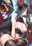  1girl ahegao azur_lane bare_shoulders black_dress black_hair black_legwear blush breasts cleavage covered_nipples dress friedrich_der_grosse_(azur_lane) hair_over_one_eye highres horns large_breasts long_hair looking_at_viewer machinery red_horns sitting smile solo sweatdrop thighhighs thighs tnolize turret very_long_hair vibrator_under_clothes yellow_eyes 