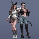  2girls animal_ears arm_on_shoulder ashe_(overwatch) asymmetrical_hair black_jacket black_skirt blue_eyes boots breasts brown_hair bunny_ears cat_tail collar contrapposto d.va_(overwatch) denim fake_animal_ears full_body grey_background hand_on_hip high_heel_boots high_heels highres jacket jeans kemonomimi_mode leather leather_jacket lips lipstick makeup medium_breasts mole mole_above_mouth multiple_girls open_clothes open_jacket over-kneehighs overwatch pants plaid plaid_skirt shirt shoes short_hair silver_hair skirt sneakers socks strap_gap suisui_again tail thigh_boots thighhighs torn_clothes torn_jeans torn_pants whisker_markings white_shirt 