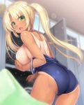  1girl :o ass back bag bangs blonde_hair blue_sky blurry blurry_background blush bokeh breasts breasts_outside ceiling commentary_request covering covering_breasts covering_one_breast day depth_of_field eyebrows_visible_through_hair fang from_side green_eyes green_towel hair_between_eyes highres indoors kageira large_breasts leaning_forward locker locker_room long_hair looking_at_viewer looking_back looking_to_the_side one-piece_swimsuit one-piece_tan open_mouth original parted_bangs school_bag school_swimsuit shiny shiny_hair shiny_skin sideboob sidelocks sky solo standing straight_hair strap_slip surprised swimsuit swimsuit_pull tan tanline thighs towel twintails undressing wet wide-eyed window 