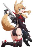  1girl alice_gear_aegis animal_ear_fluff animal_ears ass black_footwear black_gloves black_jacket blonde_hair blue_eyes boots commentary_request cropped_jacket fang fox_ears fox_girl fox_tail fuku_kitsune_(fuku_fox) gloves hair_over_shoulder highres jacket kotomura_akane long_hair long_sleeves looking_at_viewer low_twintails open_mouth simple_background skindentation solo tail tears thigh_boots thighhighs twintails weapon white_background 