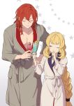  bangs bathrobe blonde_hair cagliostro_(granblue_fantasy) eyebrows eyebrows_visible_through_hair granblue_fantasy lipstick long_hair makeup mifuta percival_(granblue_fantasy) purple_eyes red_hair smile 