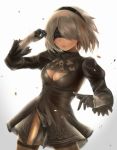  1girl black_dress black_gloves black_hairband blindfold breasts brown_legwear cleavage cleavage_cutout closed_mouth covered_eyes dress facing_viewer gloves grey_hair hairband hand_up highres juliet_sleeves long_sleeves medium_breasts mole mole_under_mouth nier_(series) nier_automata no_panties puffy_sleeves racchi. short_dress simple_background skin_tight solo thighhighs white_background yorha_no._2_type_b 