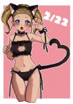  1girl blonde_hair blue_eyes blush breasts cat_lingerie dragon_quest dragon_quest_builders_2 earrings female_builder_(dqb2) highres jewelry long_hair looking_at_viewer meme_attire open_mouth panties shousan_(hno3syo) solo twintails underwear 
